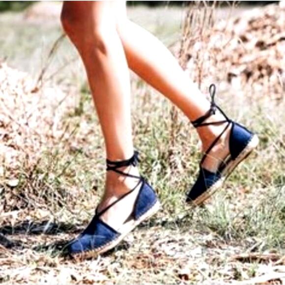 FRYE Leo Denim Espadrilles Wrap Up Lace Navy Size 7M - Picture 2 of 16